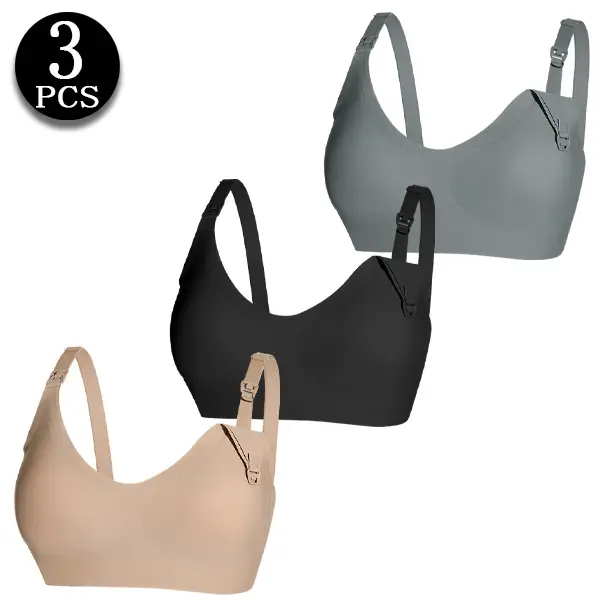 Women's 3-Pack Maternity Seamless Design Wireless Bralette (S-XL) - Polyamide Blend, Ultra-Soft, 1-Hand Clips, Adjustable Straps, Minimizer for Pregnancy & Postpartum Lactation
