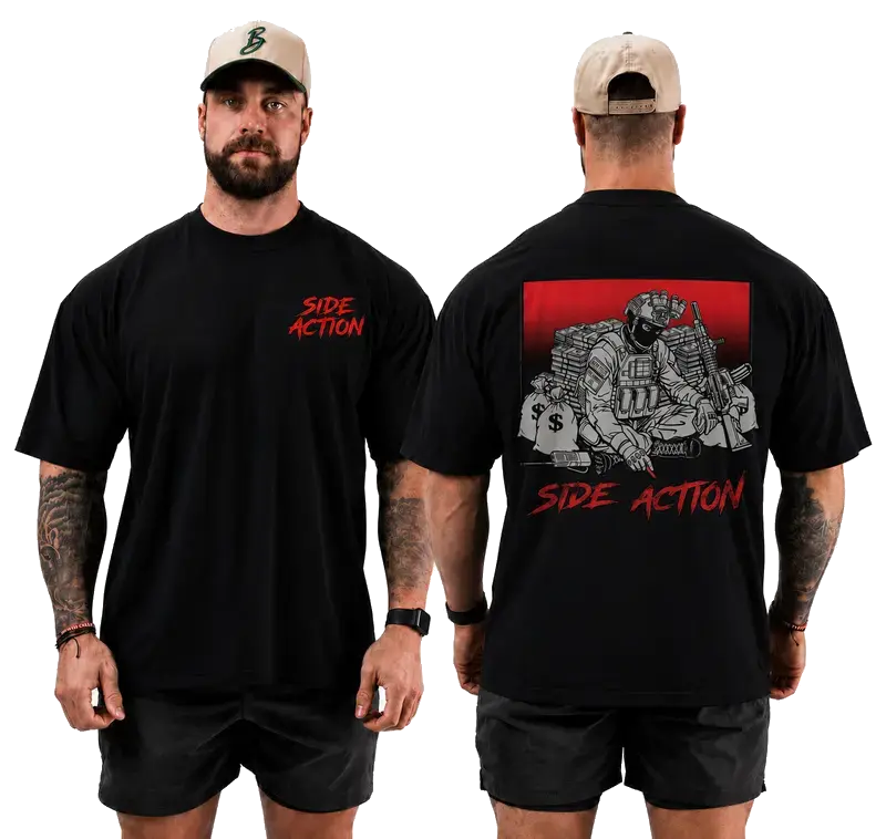 Side Action "Blessed" Tactical Operator Back Print T-Shirt – Front Logo Graphic Tee, Soldier with Rifle & Money Bags Illustration, Military Style Apparel, Menswear Top Streetwear Casual