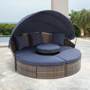SAVEYOUR KD Rattan Round Lounge with Canopy, Bali-Style Outdoor Wicker Canopy Bed, Patio Round Sofa Bed with Lift-Top Coffee Table, All-Weather Rattan Outdoor Patio Furniture for Garden, Poolside