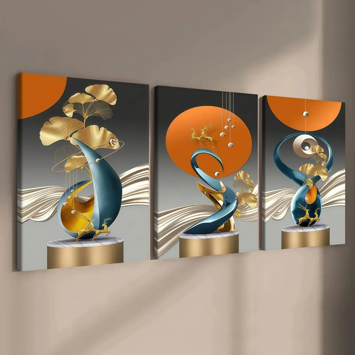 3-count wooden frame canvas, light luxury style geometric art poster, abstract art decoration, Modern home decoration, modern family poster, living room decoration art, suitable for corridor, office, bedroom decoration, waterproof printing