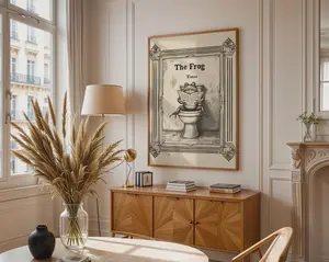 Frog Bathroom Wall Art, Vintage Humorous Print, Beige and Black Quirky Decor for Bathroom