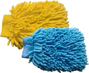 2 count Microfiber Soft Chenille  Wash Mitts, Scratch and Lint Free  Dusting Glove, Double Sided Wash Mitt, Ultra Absorbent for  Washing,  Cleaning Mitt (Blue&Yellow)