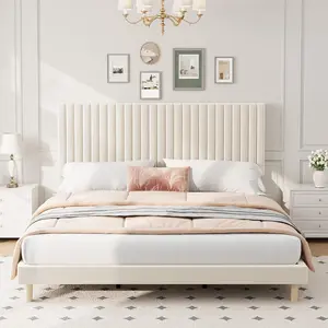 Velvet Upholstered King Size Divan Bed Frame with Adjustable Headboard, Vertical Channel Tufted, Metal-Reinforced Strong Wooden Slats, 6.3" Under-Bed Clearance, 800 lbs Weight Capacity, No Box Spring Needed, Easy Assembly, Beige, Upholstered Bed Frames, M