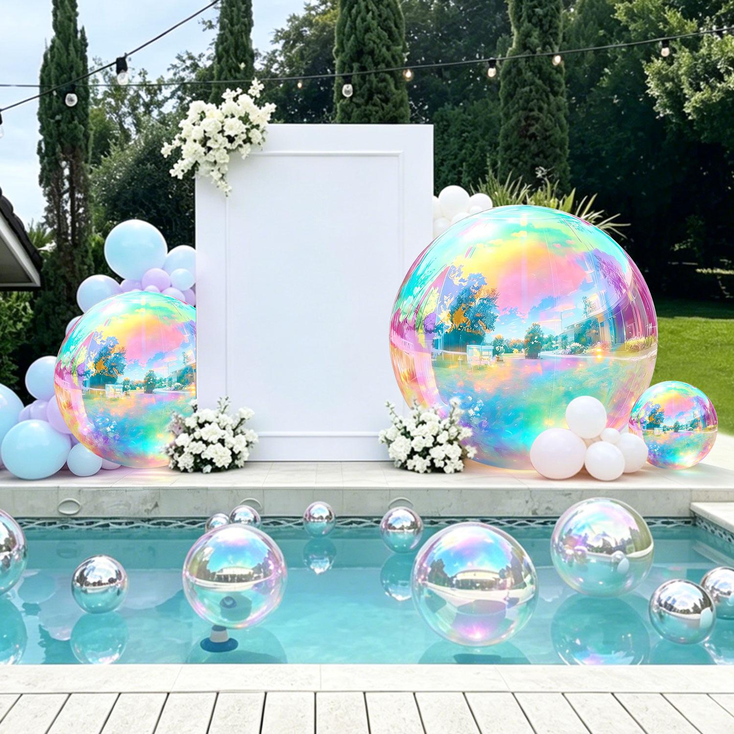 5 PCS Reflective Iridescent Silver Metallic Inflatable Mirror Ball Balloons Set with Pump - Reusable Giant PVC Spheres, Lightweight Party Decor for Festival, Outdoor Garden Home Supplies