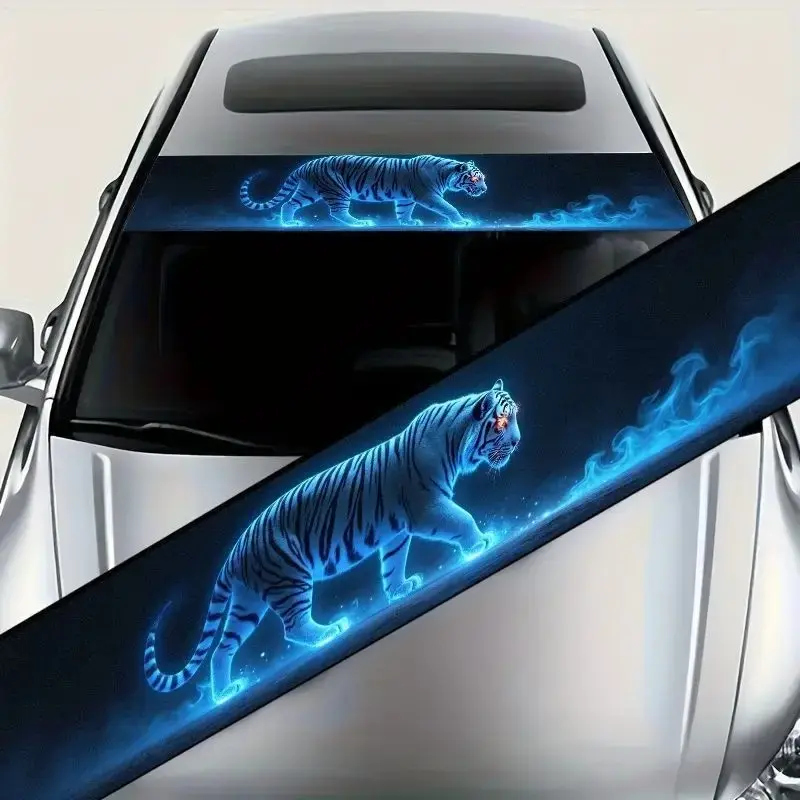 1pc Fluorescent Glow-in-the-Dark Tiger Car Windshield Decal, Car Window Decals, Automobile Decals, Stickers For Cars - Matte Vinyl, UV-Resistant, Neon Night Visibility for Motorcycles - Tiger & Blue Smoke Design Vehicle Exterior Decals