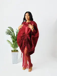 Adáeze Luxe Pleated Kaftan Set Burgundy 2-Piece Lace Matching Set Aso Élan for Stylish Elegance