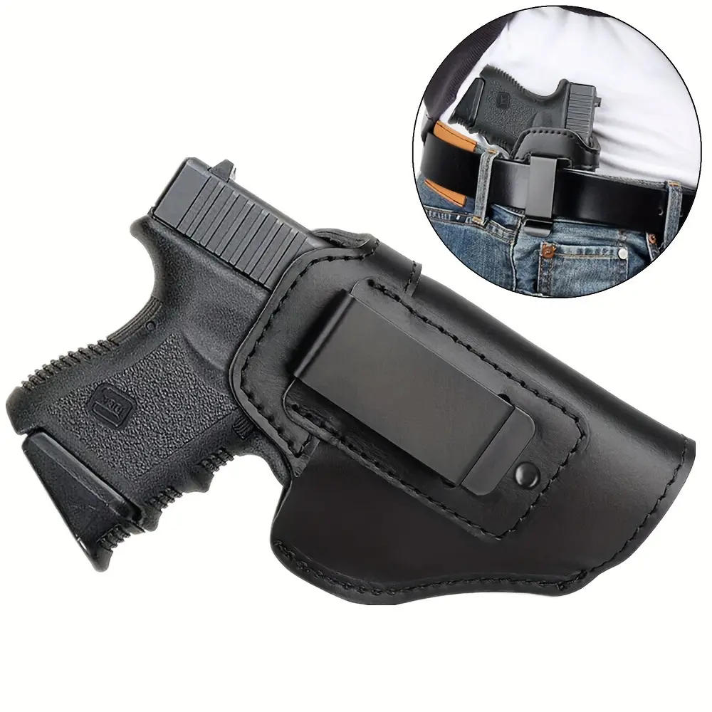 Black Leather Pistol Holster, Traditional Stitched IWB Design for Concealed Carry with Belt Clip, Fits 2.25-inch Belts for Right or Left Hand Draw, Belt Clip Holster
