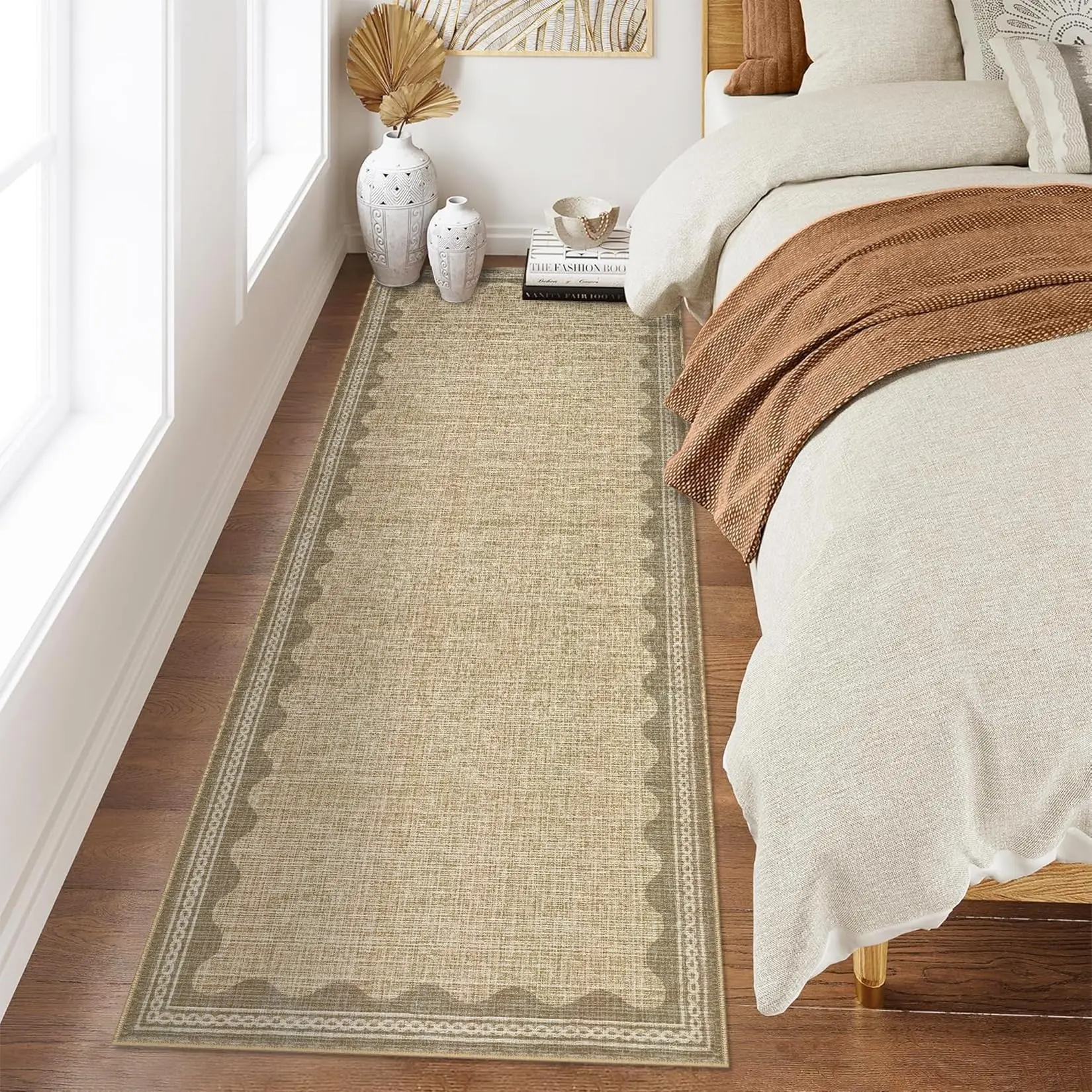 Garvee 2x6 Runner Rug - Washable, Non-Slip, Foldable Carpet Runner with Bordered Accent, Low Pile, Non-Shedding, Stain Resistant Indoor Mat for Laundry, Kitchen, Bathroom in Beige Gray