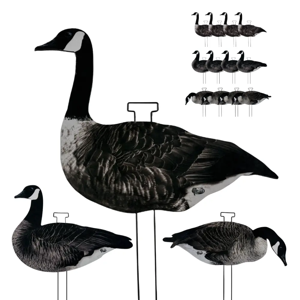 HuntEmUp Canada Goose Silhouette Decoys | Matte & Pro-Flock Options | 12-Pack Goose Hunting Decoys with Heavy-Duty Steel Stakes