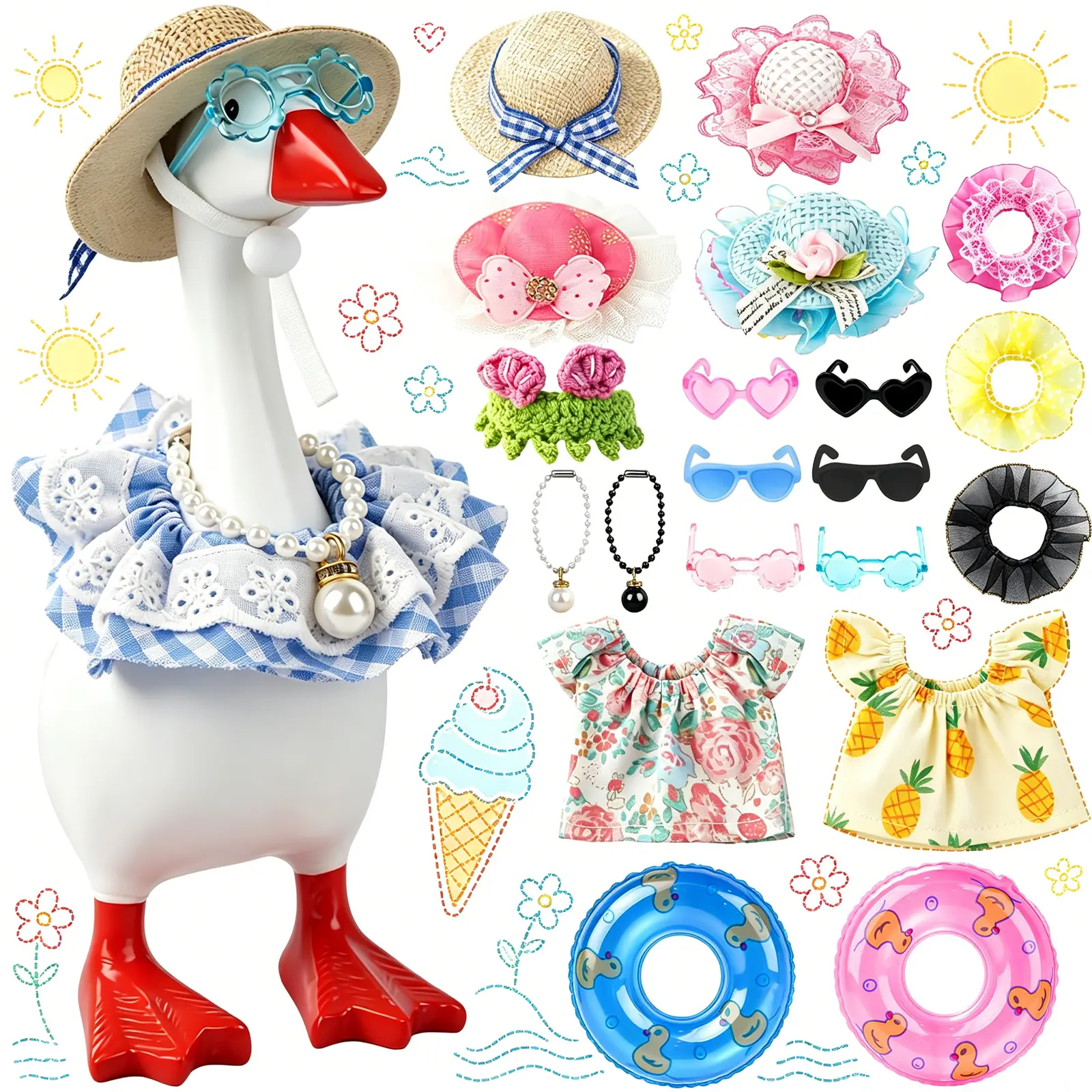 22PCS Summer Desk Goose Outfits Set 7 Inch Desktop Goose Dress-Up Accessories with Cute Hats Sunglasses, Swim Rings & Bikini for Goose Figurine Statue Decor