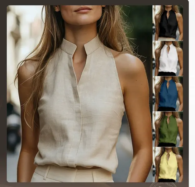 Women's Sleeveless Stand Collar Shirt, Casual Button-Up Blouse with Mandarin Collar, Lightweight Plain Office Work Top for Summer Daily Wear