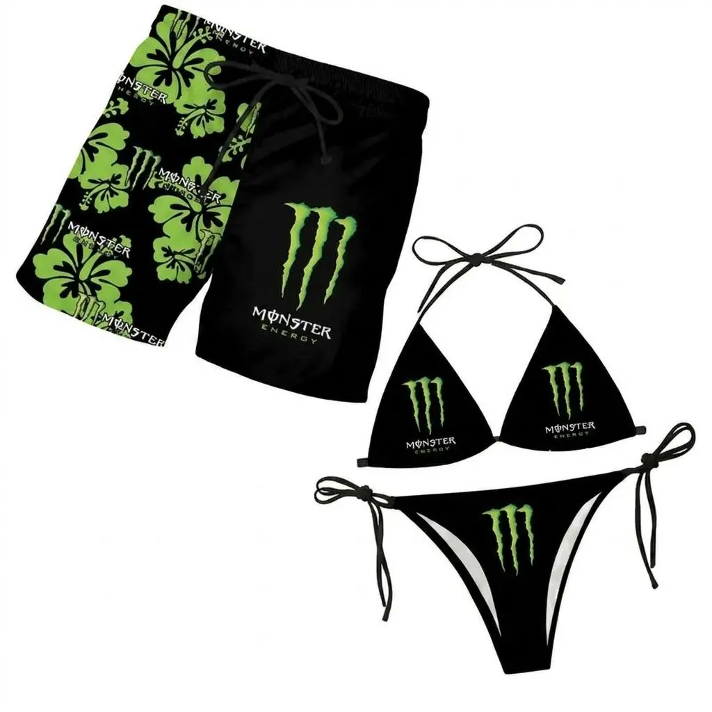 Monster Original Black Green Matching Swimsuit – Women’s Tie Side Bikini and Men’s Drawstring Swim Trunks, Couple Vacation Beach Outfit