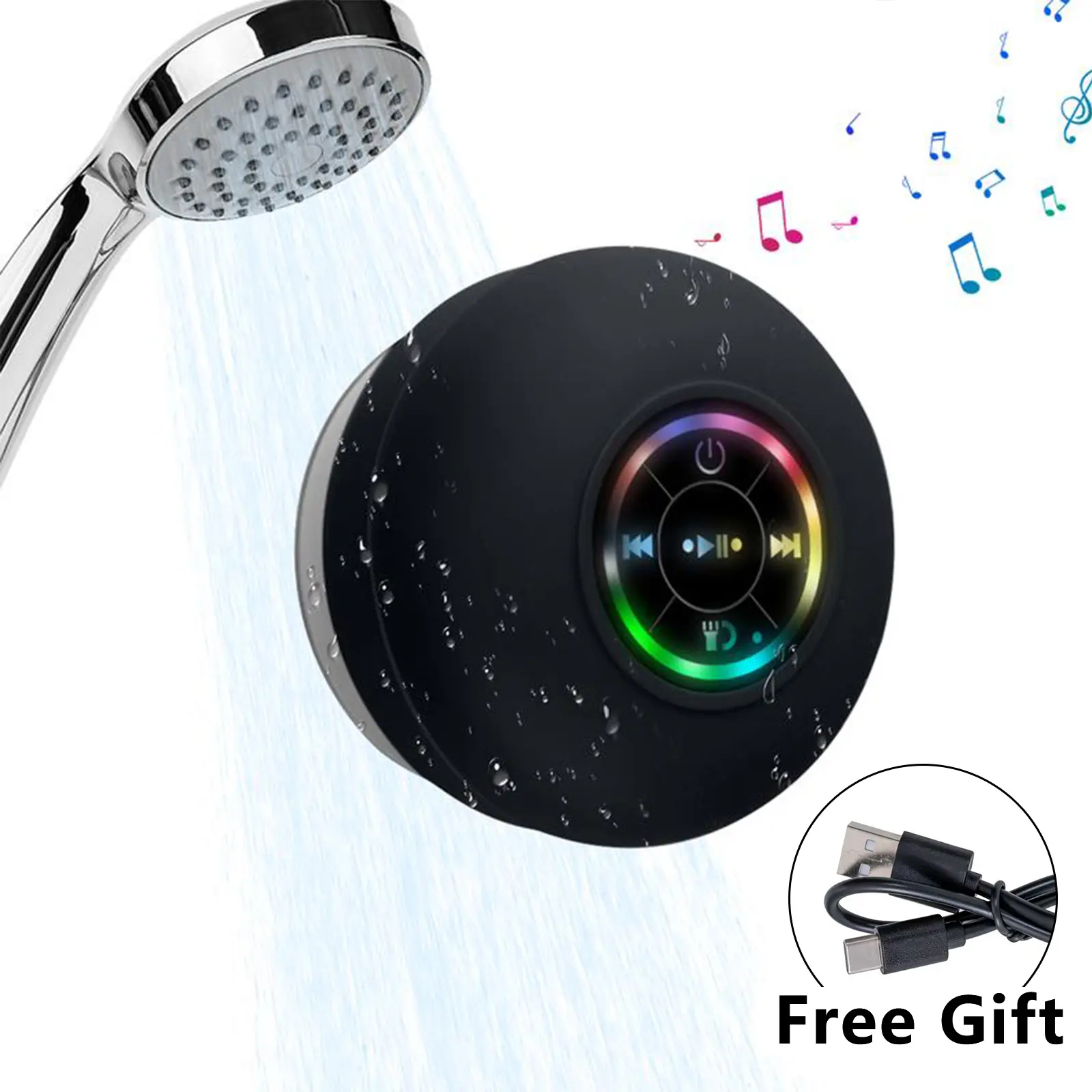 IPX6 Waterproof Bluetooth Shower Speaker - Stereo Audio, Dynamic RGB LED Lights, USB-C Charging, Compact Portable Bathroom Device with Built-in Mic for Hands-Free Calls, Must-Have Bath Singing Accessory, Water Proof