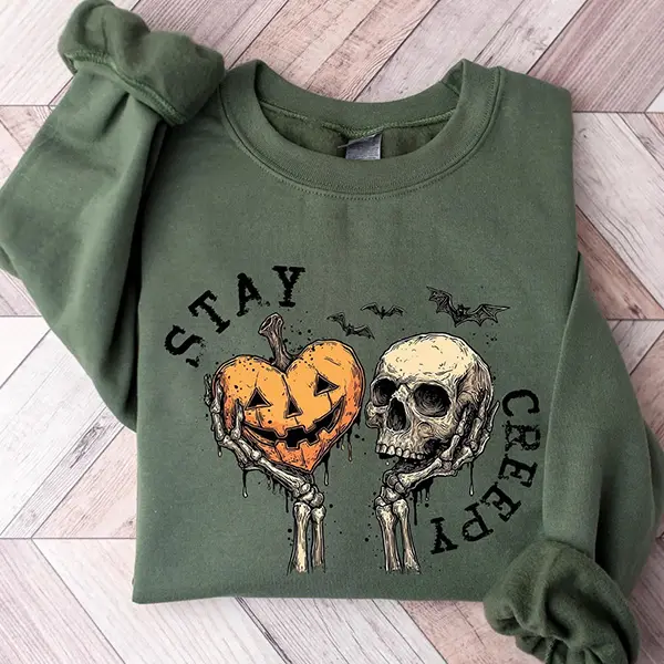 Stay Creepy Sweatshirt, Funny Skeleton & Pumpkin Halloween Sweater, Spooky Season Crewneck for Women, Gothic Fall Outfit, Cute Skull Lover Gift