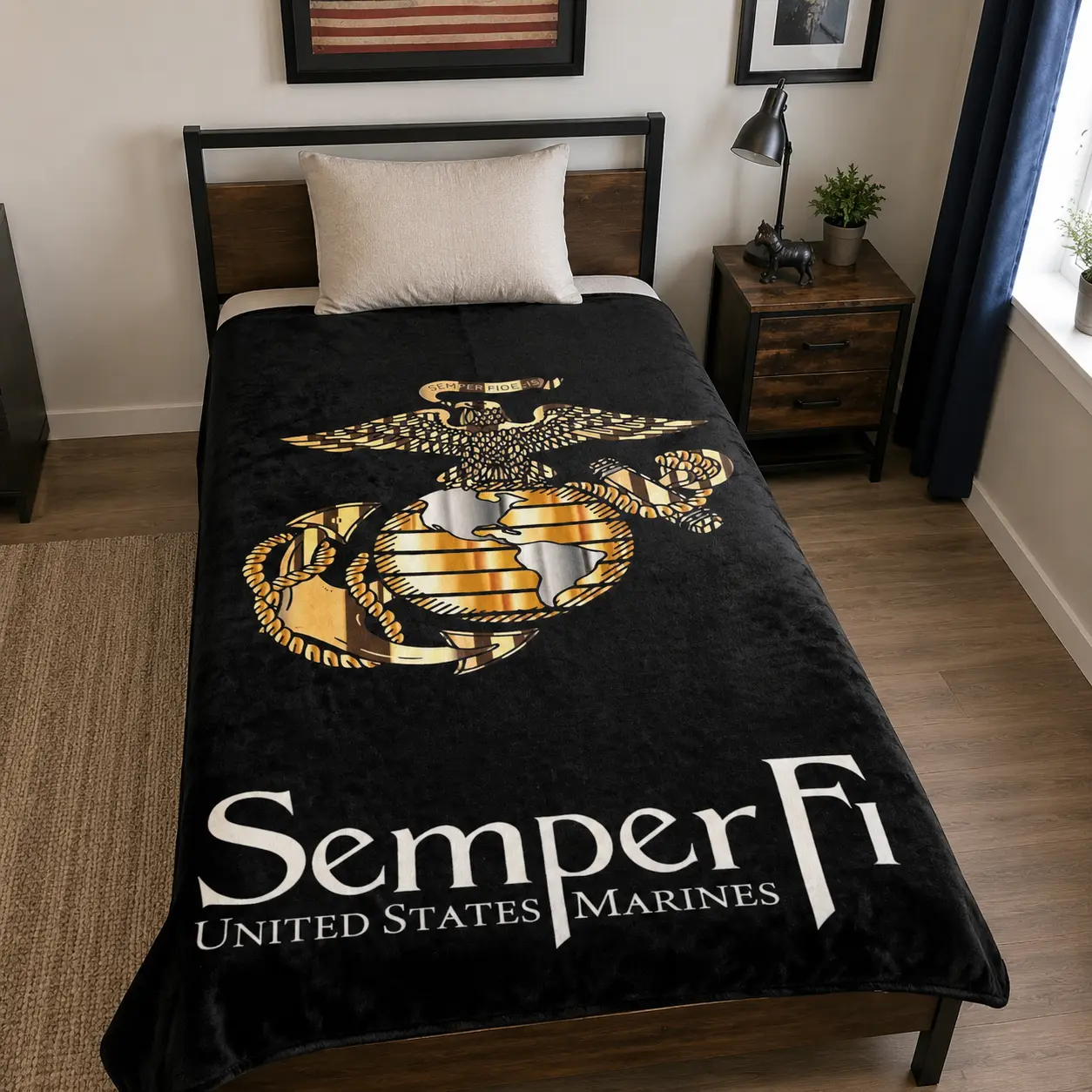 Military Style Eagle Blanket, Black Gold Throw Blanket with Patriotic Design, Soft Fleece Blanket for Bedroom Sofa Decor, Unique Gift for Veterans and Supporters