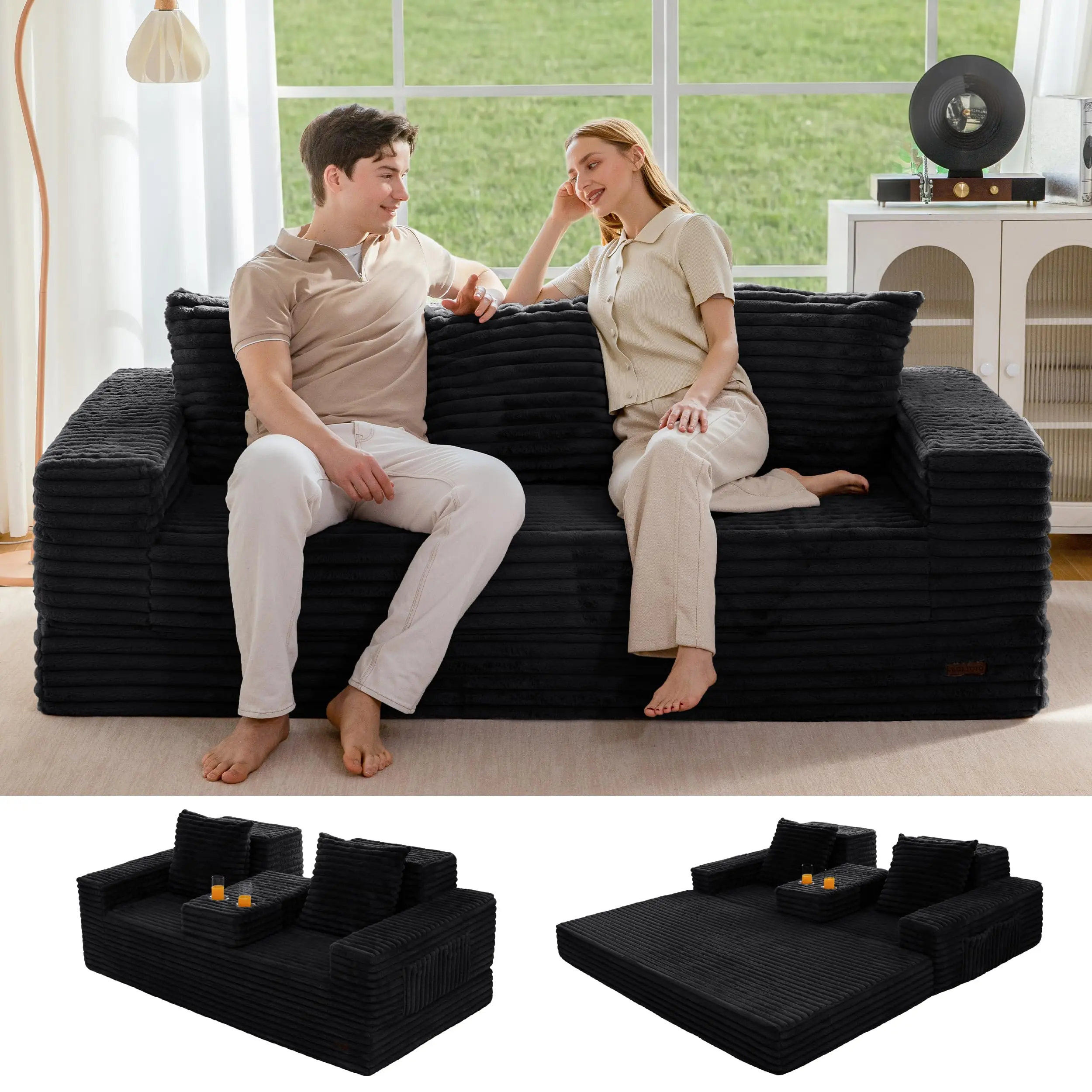 DealsforYouDays MAXYOYO Loveseat Sofa Bed, Striped Faux Fur Foldable Floor Sofa Couch in A Box, 4 in 1 Convertible Boneless Couch with 2 Cup Holders, Folding Recliner Sleeper Chair, No Assembly Required