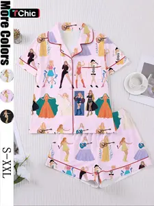 Women's Concert Movie Sleepwear Set, Pajama Set, Short Sleeve Button-Up Soft Print Top & Loose Elastic Shorts, Casual Home Wear for Swift Fans