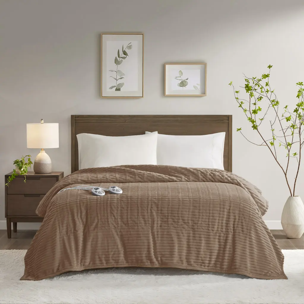 Serta ST54-0297 King Size Corded Plush Heated Warm Blanket with 360 Stand, Dual Temperature Zones, 1-12 Hour Auto Shutoff Timer, Machine Washable, 100x90x0.25 in Brown for King Beds