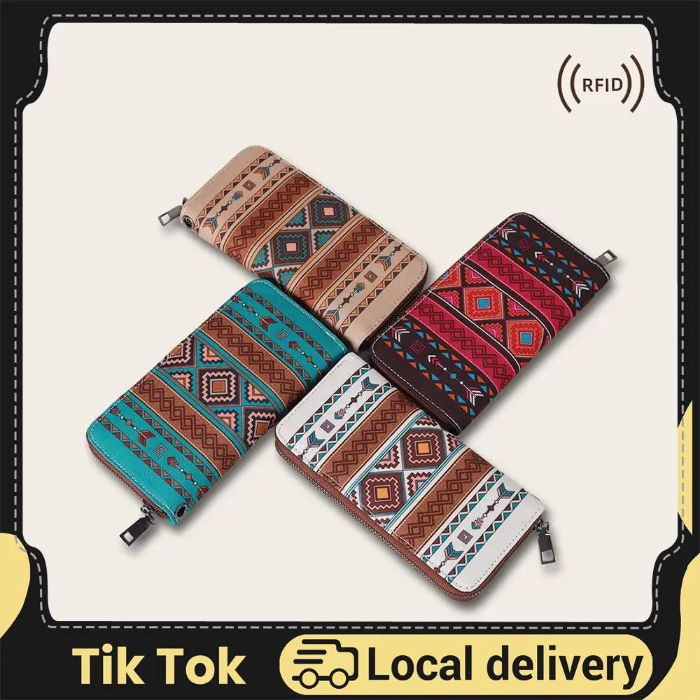 Women's Boho Chic Western RFID Blocking Polyester Wallet - Waterproof Casual Small Travel Wristlet, All Over Geometric Print, Zippered Pockets, Card Slots, Western Accessories, Ideal Gift for Women, Gifts For Girlfriend, Lightweight Card Holder, Lightweig