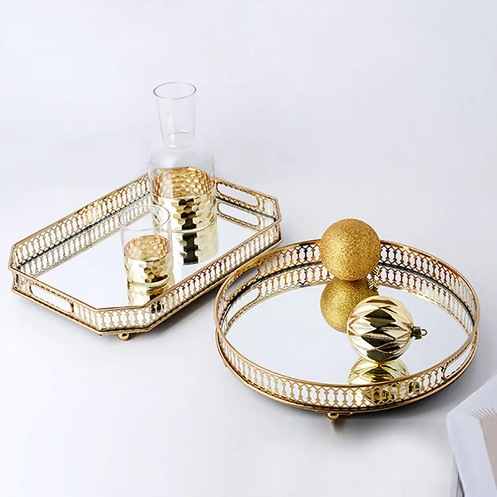Vintage Gold Rectangular Metal-Glass Mirror Storage Tray - Home Organizer with Ample Space, Bathroom Counter Organizer, Gold Cosmetic Tray for Vanity Makeup & Jewelry, Ideal Mother's Day Gift, Gold Cosmetic Trays