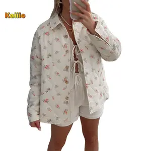 Women’s Lightweight Quilted Jacket, Casual Floral Print, Button Front, Long Sleeves – Autumn Cardigan for Outwear/Streetwear, Cotton Fashion