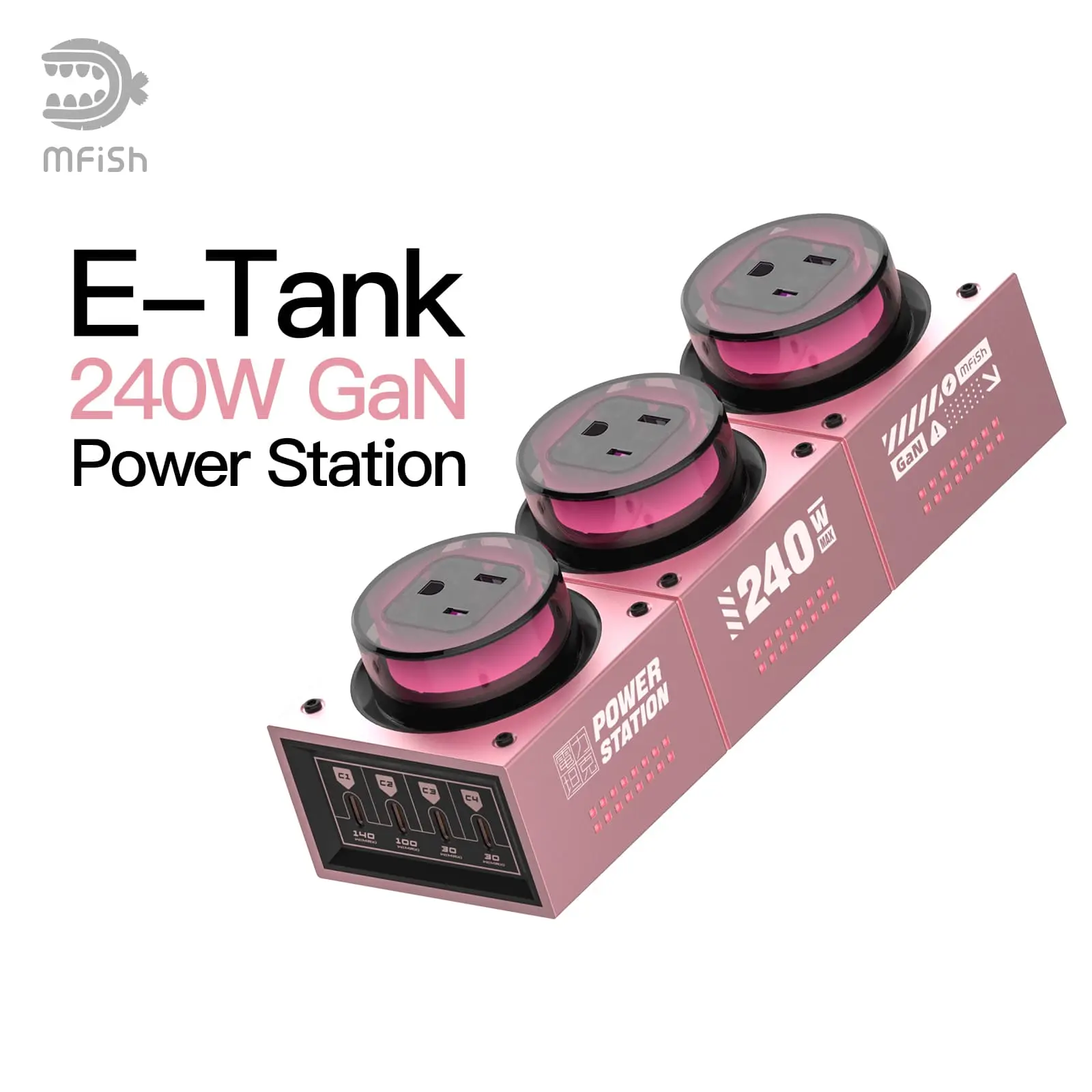 mfish E-Tank 240W GaN Desktop Charging Station, 7-in-1 USB C Power Strip with 3 AC Outlets, 4 USB C Ports & RGB Light