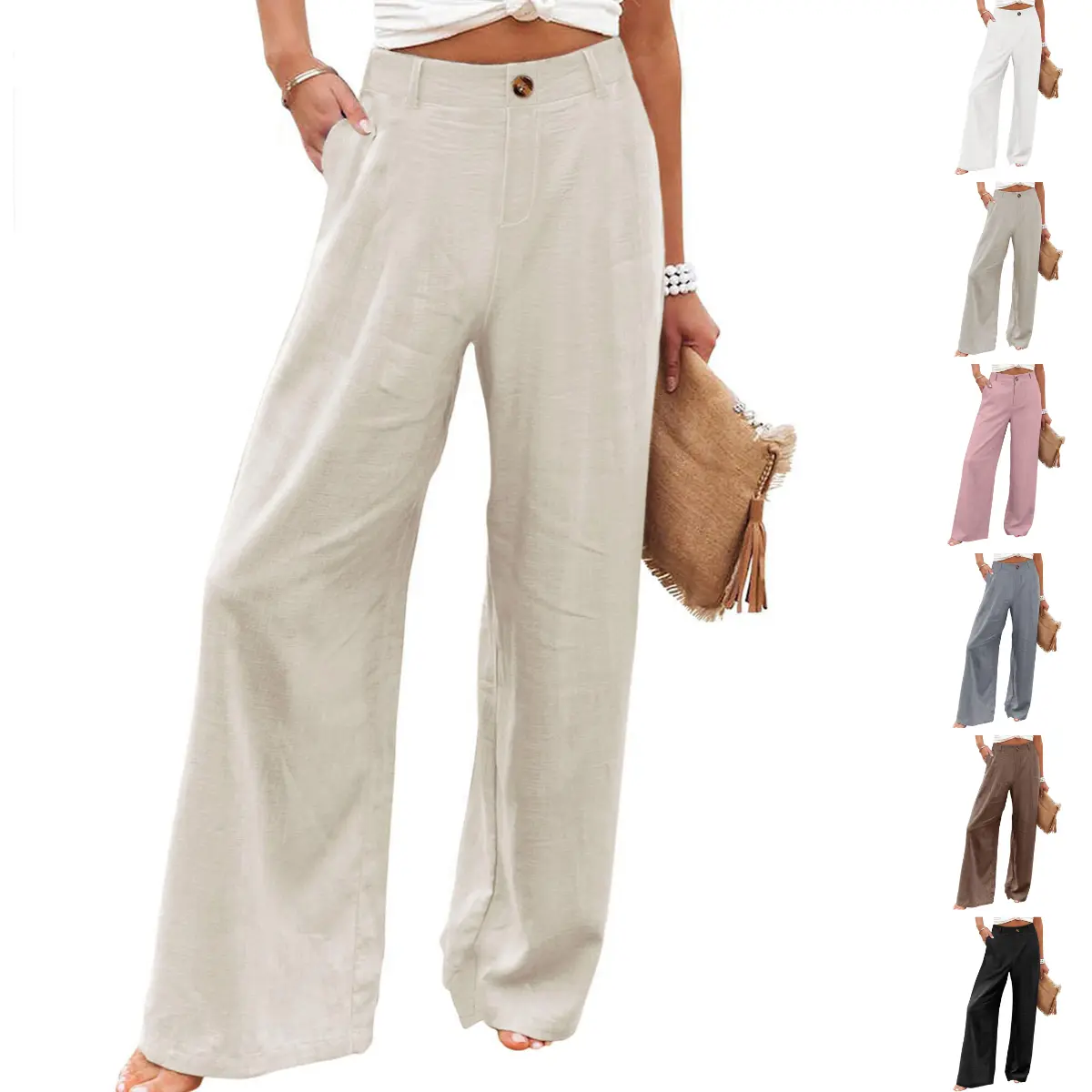 Molitree Women's Cotton Linen Wide Leg Pants High Waisted Loose Fit Casual Trousers with Button Up Breathable Summer Summervibes Travel Beach Pants Apricot