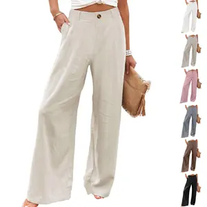 Molitree Women's Cotton Linen Wide Leg Pants High Waisted Loose Fit Casual Trousers with Button Up Breathable Summer Summervibes Travel Beach Pants Apricot