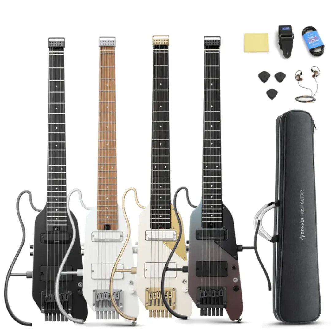 Donner HUSH-X PRO 6-String Headless Electric Guitar, Travel-Friendly Design, OLED Screen, Amplifier Modeling, 4 Color Options, 12-Month Warranty, Headless Guitar