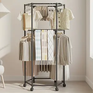 New hexagonal drying rack | Floor-to-ceiling double-layer roller design for laundry, bedrooms, dormitories and balconies | Elegant metal frame, freestanding, plastic