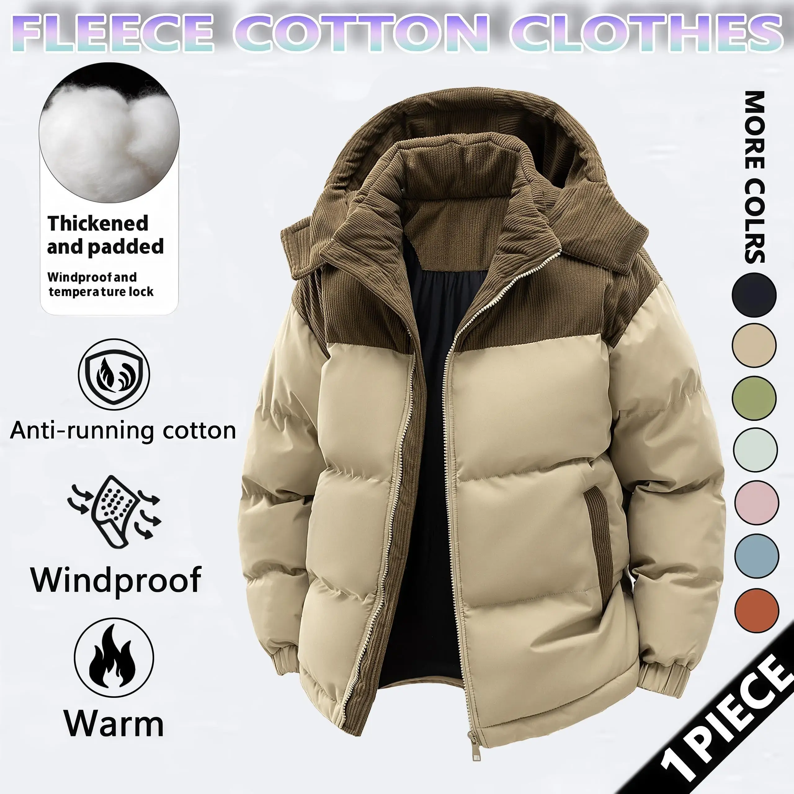Men's Winter Coats - Long Sleeve Menswear Tops, Color-Block Hooded Fleece Jacket, Detachable Hood, Windproof Padded, Thick Warm, Anti-Cotton Shedding, Versatile Casual Everyday Wear, Fashionable Couple's Edition