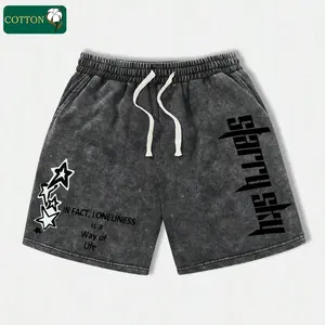 Men’s summer washed cotton athletic shorts with an art-font graphic print; casual loose fit with a drawstring waist and pockets; street style, early 2000s aesthetic; suitable for running, golf, fishing, basketball, camping, gym, swimming, and the beach; g