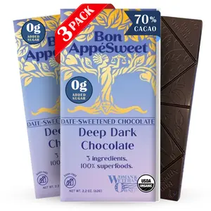Bon Appesweet Date Sweetened Chocolate Bar | Deep Dark Chocolate | 2.2 Ounce |  Zero Added Sugar, 70% Cacao, Plant Based, Dairy Free, and Guilt Free!