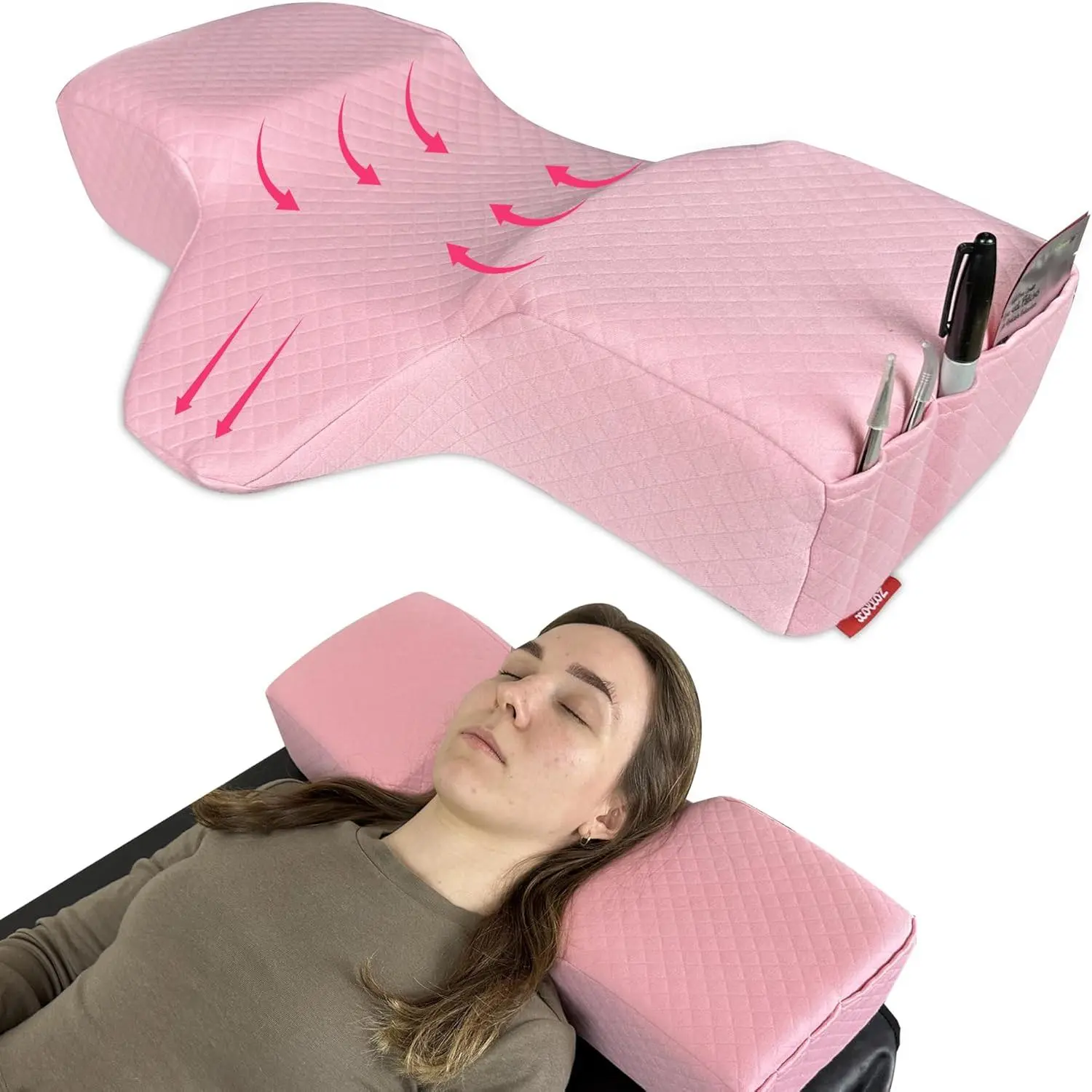 Pillow for Eyelash Extensions - Curved Memory  Lash Bed Pillow with  and  Support,  Pillow for Eyelash Extensions, Two Pockets for Tools On The Sides of Pillow (Pink)