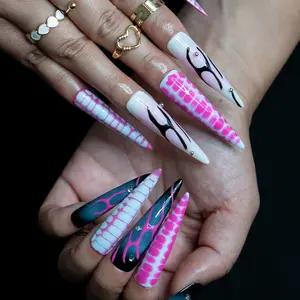 Pink Abstract Print Long XXL Stiletto (Length 2.1") Handmade Press on Nails, Fake Nails, Reusable, Luxury Nails, Acrylic Nails