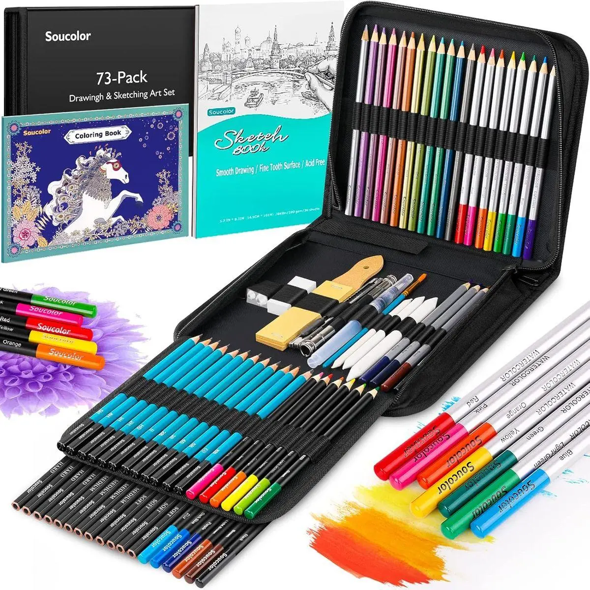 73Pcs Art Supplies Drawing Kit Sketch Pencils Set Adults Gift | 73-Piece Art Set Includes Sketch Book, Coloring Book, Graphite Pencils, Watercolor Pencils & Portable Case for Artists