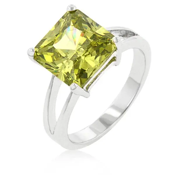 Princess Cut Peridot Crystal Solitaire Ring in Rhodium. - Size 6
