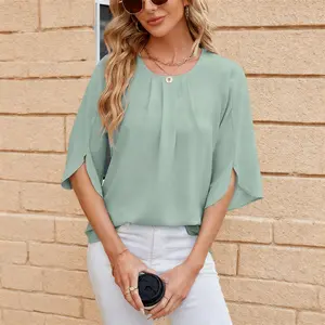 Women's Basic Solid Color Round Neck Pleated Chiffon Blouse - Loose, Comfortable Lady's Women's Clothes for Casual, Vacation Summer Sports & Outdoor Top