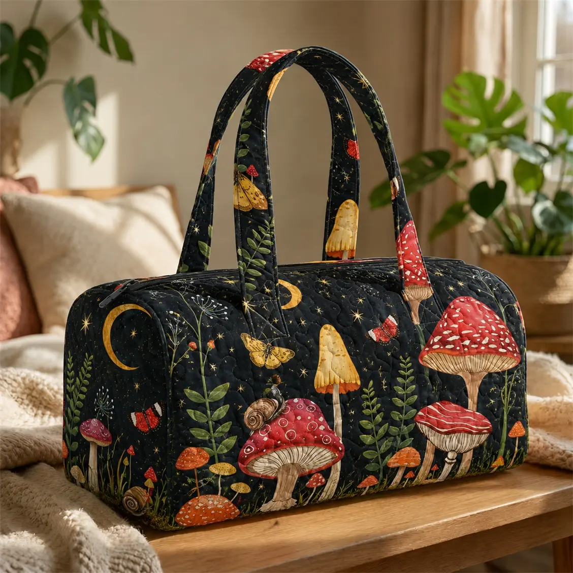 Quilted Weekender Bag for Women, Mushroom Print Large Capacity Overnight Duffel Tote with Zipper, Lightweight Travel Carryall for Gym, Vacation, Sleepover & Daily Use