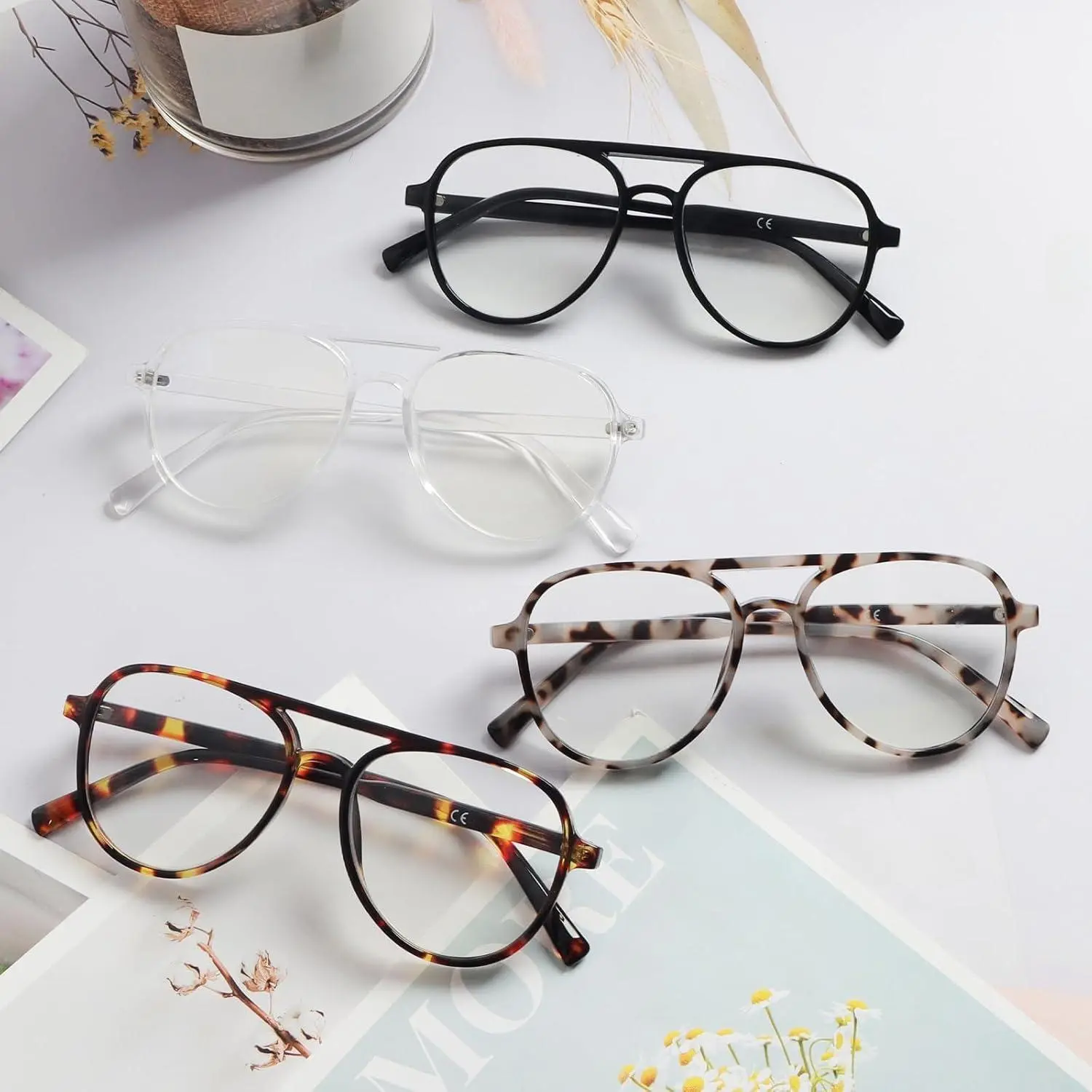Oversized Aviator Reading Glasses 4-Pack, Unisex Double Bridge Metal Eyeglass Frames with Blue Light Blocking Lens for Eye Strain Relief