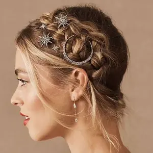 Jewelry - Women Crystal Side Hair Clip Pins Metal Hair Barrettes Girl Hair Accessories Stars Moon Rhinestone Clips Set Star Hairpins