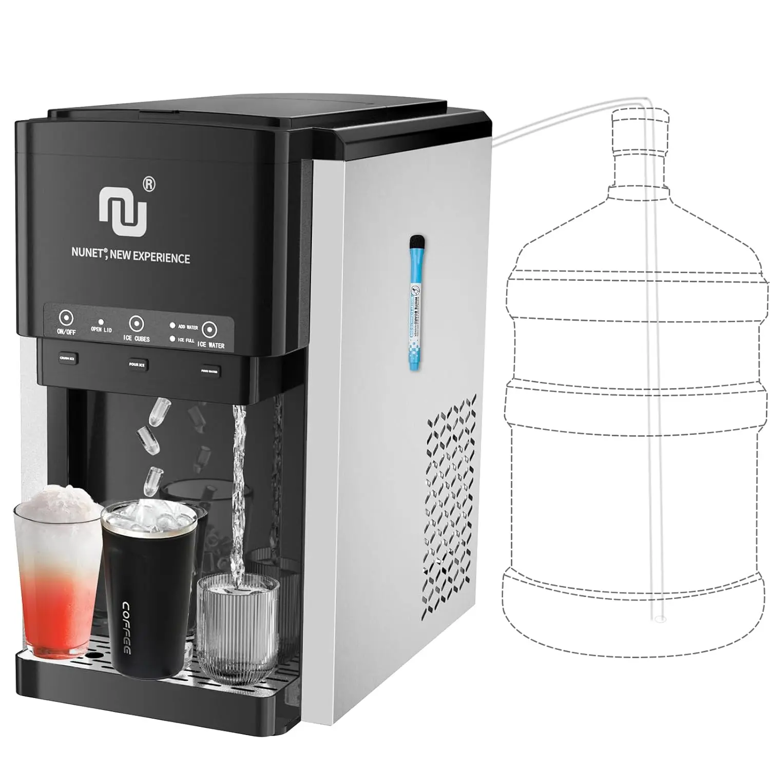 NUNET 3-in-1 Water Bottle Bottom-Loading Ice Dispenser Water Cooler Crusher, Built-in 6L Water Tank, Produces 44lbs Bullet Ice/Shaved Ice Daily, 4 lbs Ice Storage (NOT for Water Line)