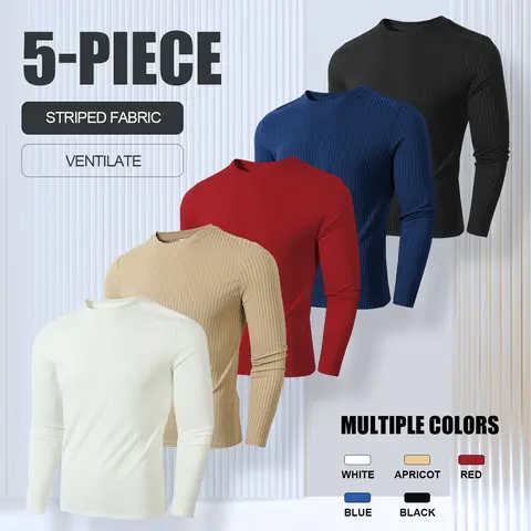 Men's 5-Piece Knit Plain Layering Base Thermal Tops Assortment Set - Cozy Round Neck, Long Sleeves, Easy Casual Everyday Style, Keep Warm for Cooler Days, Reduces Shirt Layering, Knit Men's Thermal Tops, Plain Men's Thermal Tops