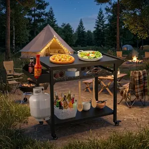3-Shelf Outdoor Grill Table with Rolling Wheels & Mesh Shelf, BBQ Food Prep Cart with Propane Tank Hook for Pizza Oven Blackstone Griddle Outside BBQ