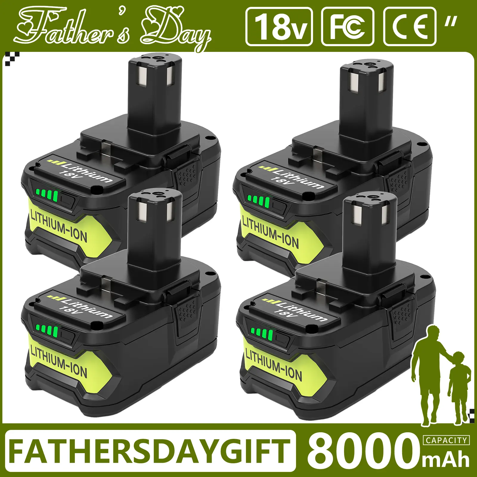 4-Pack Ryobi 18V 8000mAh High Capacity Li-Ion Replacement Battery, Fast Charge for P108 Series Cordless Tools