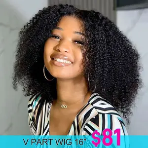 【16“=$81】Moreface Beauty Afro Kinky Curly V Part Wig Human Hair No Leave Out Brazilian Glueless Curly Wig V Part Wig Human Hair Kinky Afro Wig 180% Density