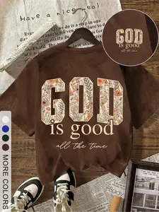 Unisex Fashion Christian Faith Baggy T-Shirt God Is Good All the Time Floral Print Short Sleeve Top for Men Women Casual Streetwear Worship