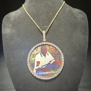 Personalized Customized Large Photo Pendant Picture Necklace for Boys, Solid Frame with Synthetic Cubic Zirconia, White K-Plated Copper, April Birthstone, Rock Theme Jewelry