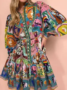 Vintage Bohemian Boho Floral Print Pleated Dress with Long Sleeve, Ruffled Hem, Waist-Tied Design, Elegant Feminine Round Neck for Summer & Spring Fashion Women