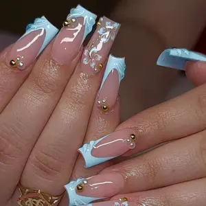 24pcs Long Rectangle Blue French Manicure Nail Stickers, Flower Press-On Nails with Gel Pearl Design, Perfect for Parties and Daily Wear